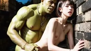 An Ai-generated Petite and Flat-chested Jpanese Girl Feels Ecstasy in the Arms of a Giant.