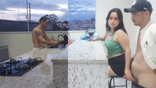 Fucking hot wife in the kitchen until she cums, while the cuckold washes the dishes