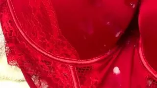 Cum between big tits wearing beautiful sexy bra