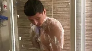 Beautiful model comes out sweaty from the gym and takes a shower with his sculpted body in my house