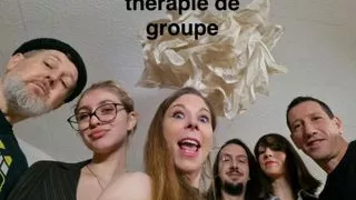 Three women plus three men fucking during a group therapy session with the psy