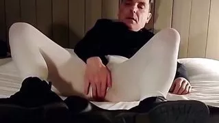 Cock stroking and ass fingering in white open pantyhose