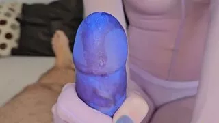 SpandexQueen comes twice in her purple nylon suit and jerks him off in his cock sheath