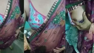 Indian Gay Crossdresser Gaurisissy Showing Her Full Body and Pressing and Playing with Her Big Boobs in Pink Saree