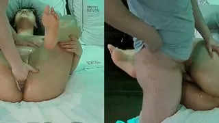 Latina MILF makes chubby hotel handyman oil her and squirt