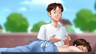 SUMMERTIME SAGA Hot bitch jerks him out in his pants in the hot sun