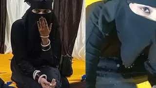 Pretty girl in hijab playing with officer's cock for signature
