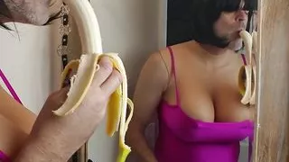 Giant fake tits crossdresser deep throat a banana