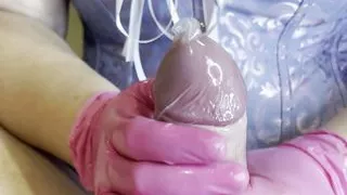 Condom Handjob with Latex Gloves