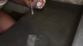 Beautiful petite sperm slut Brooke Johnson slurps her dom's cum off the filthy stairs