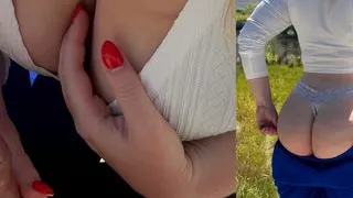 Public and risky, sloppy handjob on a bench during hiking