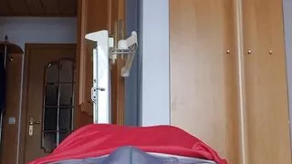 My morning bulge as I stretch my back, in my tiniest piece.