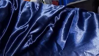 Asian crossdresser masturbate and cum inside satin blue long gown with silky lining