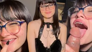 Nerdy 18yo goth girl comes to suck to show her sextape with her boyfriend
