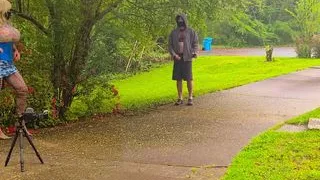 Giant fake tits crossdresser behind the scenes photoshoot in public gettting caught