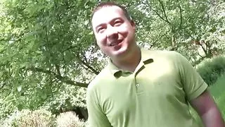 Huge tattooed girl threesome pussy fucking in the park cum in mouth