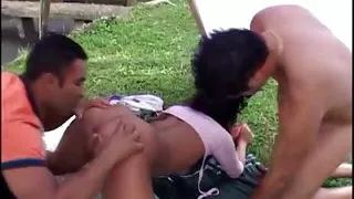 Two Horny Dudes Make Sandwitch with Juicy Latin Babe Sara Scott in the Forest