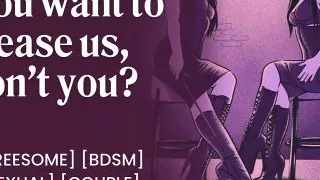 Femdom disciplines submissive boyfriend "Give us an orgasm if you want to cum" Real amateur couple threesome