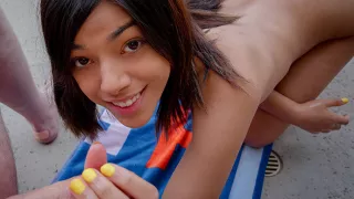 Petite Teen Harmony Wonder Facialized by the Pool - StrokiesHandjob