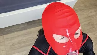 SpandexQueen sucks dick + balls in her black + red spandex suit and gets a huge facial