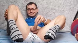 Nerdy college boy with big cock masturbates after classes and cums on socks