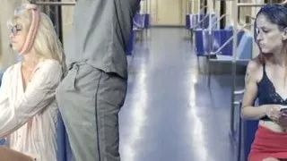 Pervert gets on the train rubbing cock on women in public!