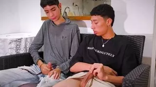 Two Straight Friends Jerking Their Big Cocks While Looking at Each Other Until They Cum