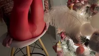 stretching long legs in red tights