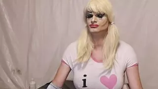 Blonde faggy sissy touching her boobs