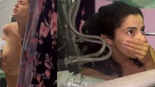 Stepsister gets facial cumshot through a hole in the sink!
