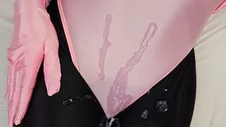 SpandexQueen sucks dick and jerks him off on her pink spandex body + black suit