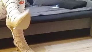 Crossdresser Dangling in Sexy Nude Pointed Toe Strappy High Heels