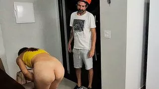 Naughty girl alone and naked at home receives motorcycle courier