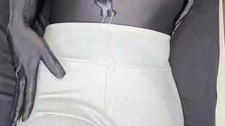 SpandexQueen comes twice and milks his cum on her white leather leggings + gray spandex body