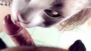Kitsy. Blowjob in a kittycat mask. Sucking cock like a good girl.