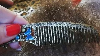 Hairy pussy fetish brushing the bush closeup