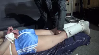 Lady M Tied And Spanked In Shiny Blue Nylon Shorts