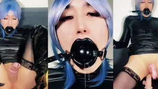 Drooling bound, caged and gagged sissy riding dildo