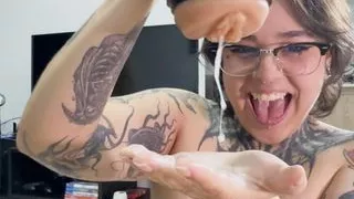 I surprise my stepbrother masturbating with his new toy and help him cum with my mouth.