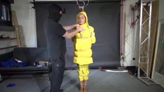 Ms Ungeniert Tied, Gagged And Hooded In Shiny Nylon Yellow Downjacket