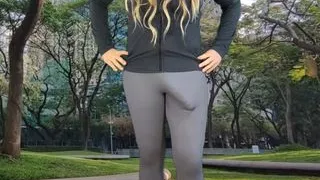 Monster cock shemale teasing in public park
