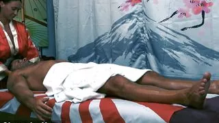 Stunning Big Boobed Brunette Masseur Gives Happy End for Muscle Guy and Fucks Oiled and Passionate with Cum Swallow