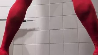 Taking a trip out in red stockings and dress