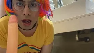 Cute Femboy Sits and Throat Fucks a Dildo on a Toilett