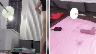 British DILF locked in chastity and dildo fucked on the fucking machine