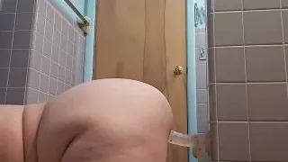 First Time! BBW Fucks Dildo on Wall