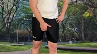 Monster cock cyclist public dick flash cum in tight pants