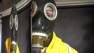 Watch Lady M Bound In A Yellow Rainsuit Wearing A Latex Hood And A Gasmask