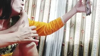 Stepson put foot in stepmother's mouth while she is Recording