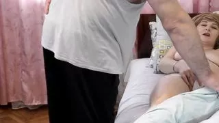 Sexy blonde masturbates wet pussy orgasm and squirt in bedroom. Old neighbor entered room. Handjob. Family. Old Young. Taboo.